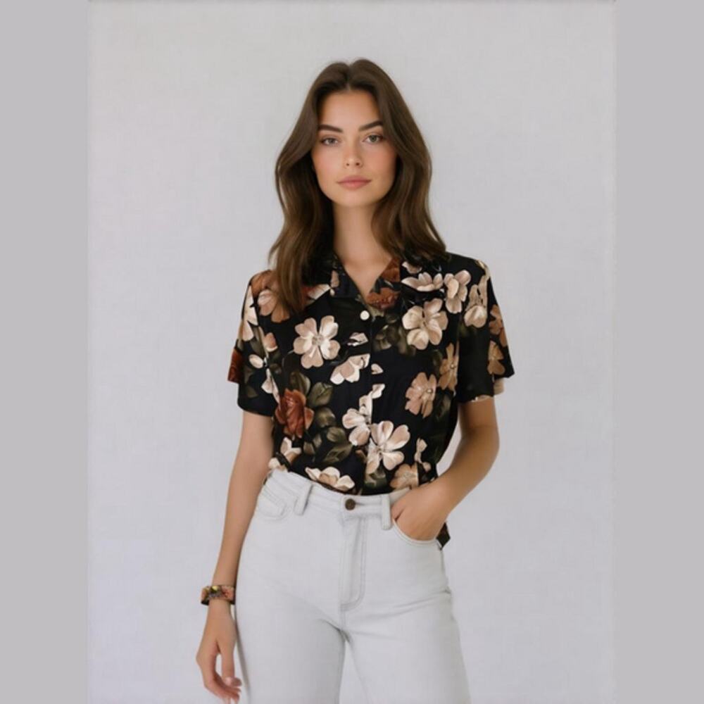 Karin Stevens Womens Blouse 10 Black Brown Vintage Floral Print Shoulder Pads